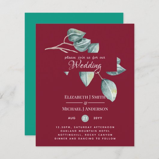 Budget Eucalyptus Groene Bladeren Trouw Uitnodigin (Voorkant / Achterkant)