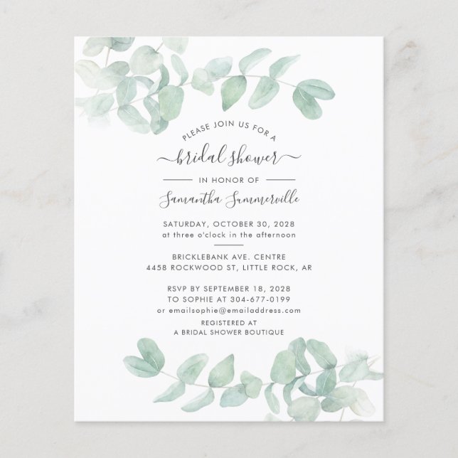 Budget Eucalyptus Groene Bruiloft Uitnodiging (Voorkant)