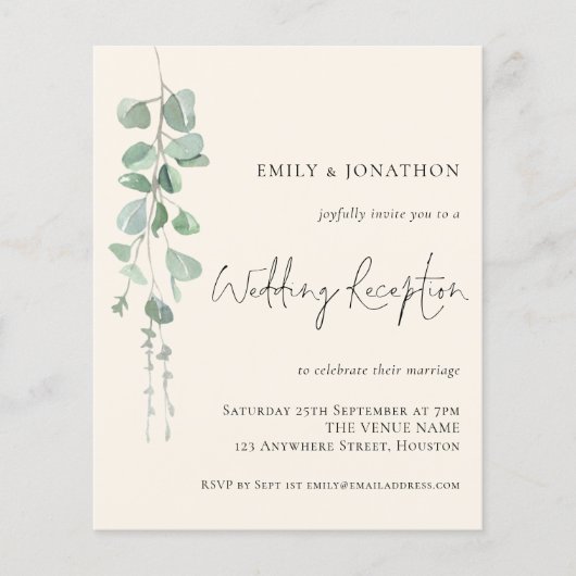 Budget Eucalyptus Ivory Wedding Reception nodigt u (Voorkant)