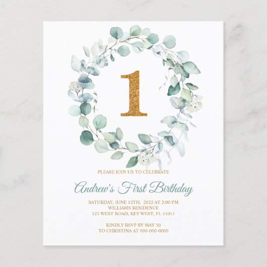 Budget Eucalyptus krans Eerste Verjaardag Uitnodig (Voorkant)