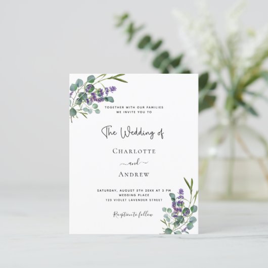 Budget eucalyptus lavender bruiloft-uitnodiging (Staand voorkant)