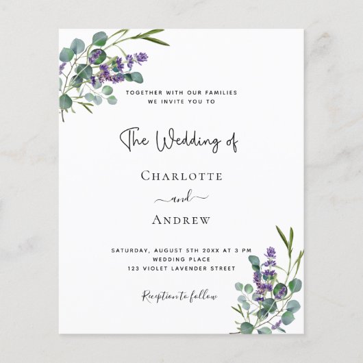 Budget eucalyptus lavender bruiloft-uitnodiging (Voorkant)