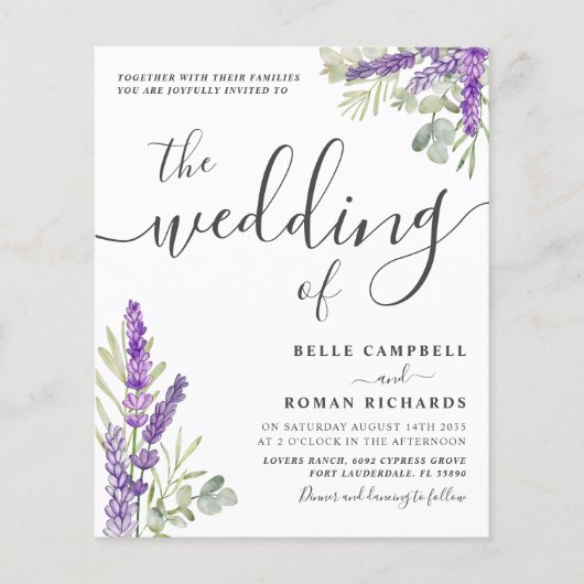 Budget Eucalyptus & Lavender Weduwen Uitnodiging (Voorkant)