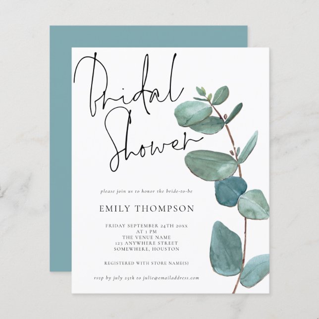 Budget Eucalyptus Leaf Bridal Shower Uitnodiging (Voorkant / Achterkant)
