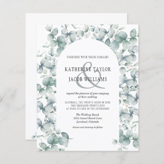 Budget Eucalyptus Leaf Greenery Wedding Uitnodigin (Voorkant / Achterkant)