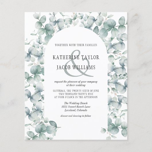 Budget Eucalyptus Leaf Greenery Wedding Uitnodigin (Voorkant)
