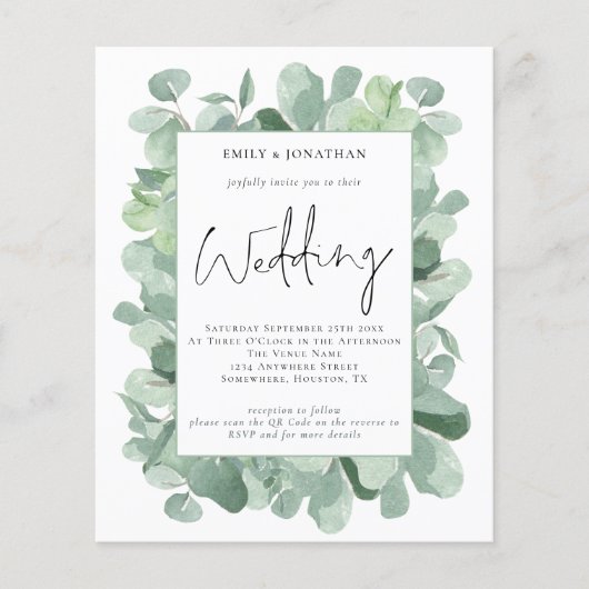 Budget Eucalyptus Leaf QR Code Weduwen Uitnodiging (Voorkant)