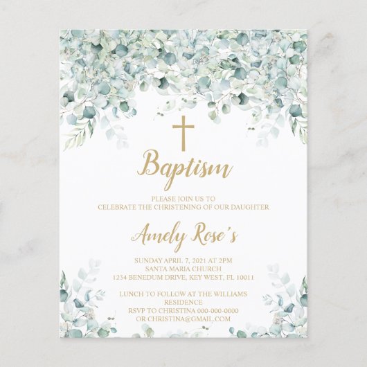 Budget Eucalyptus Leaves Baptisme Invitation (Voorkant)