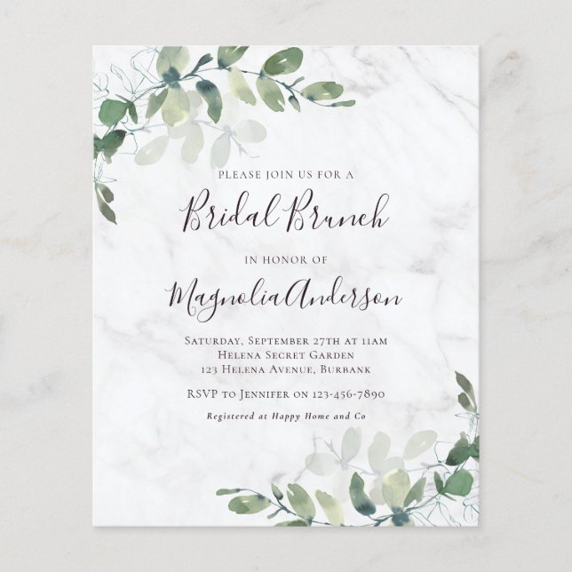 Budget Eucalyptus Marble Bridal Brunch Uitnodiging (Voorkant)
