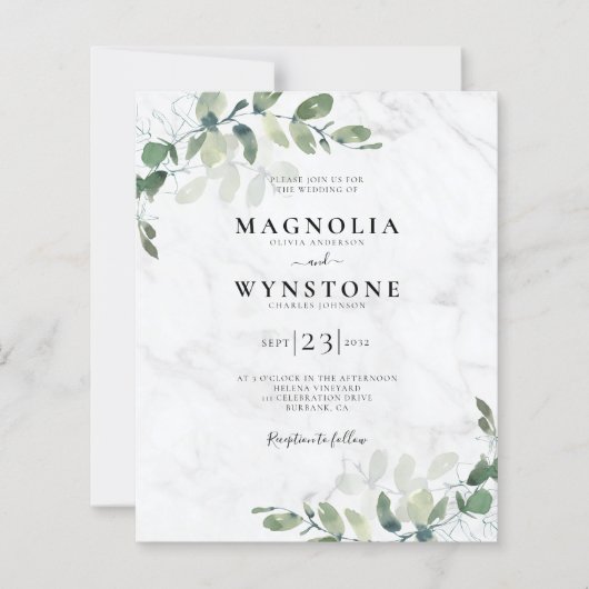 Budget Eucalyptus Marble Wedding Uitnodiging (Voorkant)