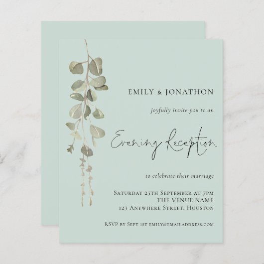 Budget Eucalyptus Mint Wedding Reception nodigt ui (Voorkant / Achterkant)