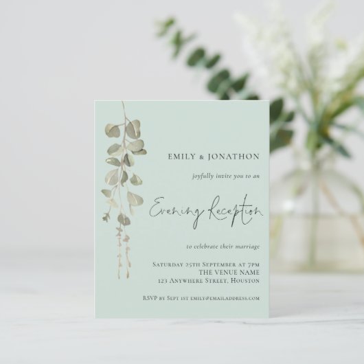 Budget Eucalyptus Mint Wedding Reception nodigt ui (Staand voorkant)