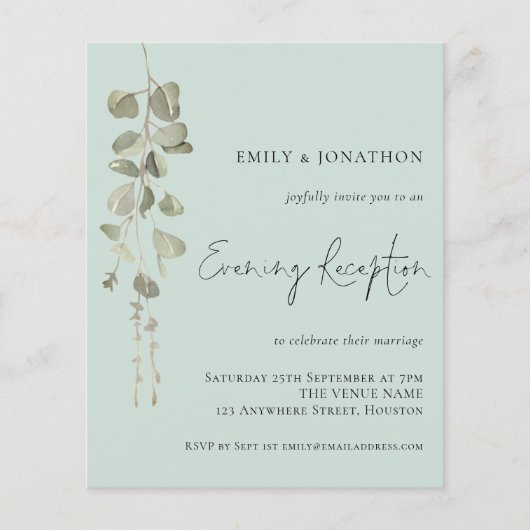 Budget Eucalyptus Mint Wedding Reception nodigt ui (Voorkant)