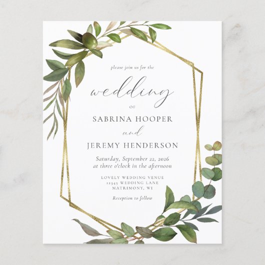 Budget Eucalyptus Olijf Goud Geo Bruiloftsuitnodig (Voorkant)