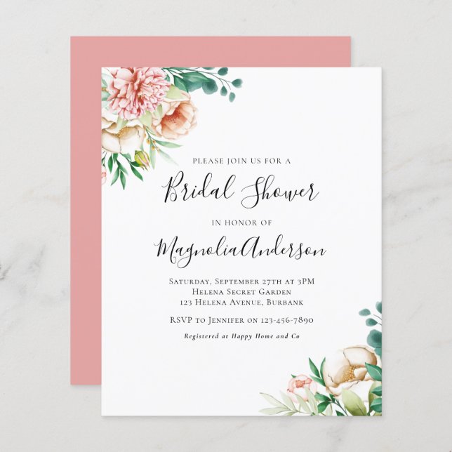 Budget Eucalyptus Peony Bridal Shower Uitnodiging (Voorkant / Achterkant)