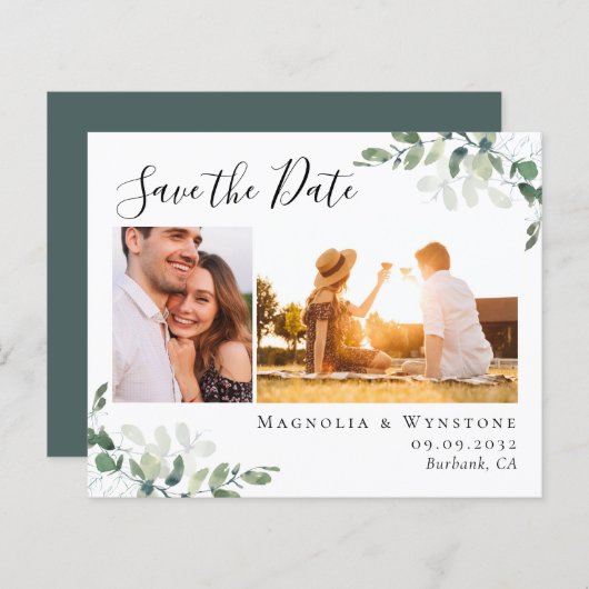 Budget Eucalyptus Photo Weddenschap Save the Date (Voorkant / Achterkant)