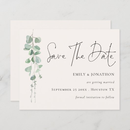 Budget Eucalyptus QR Code Cream Save the Date (Voorkant / Achterkant)