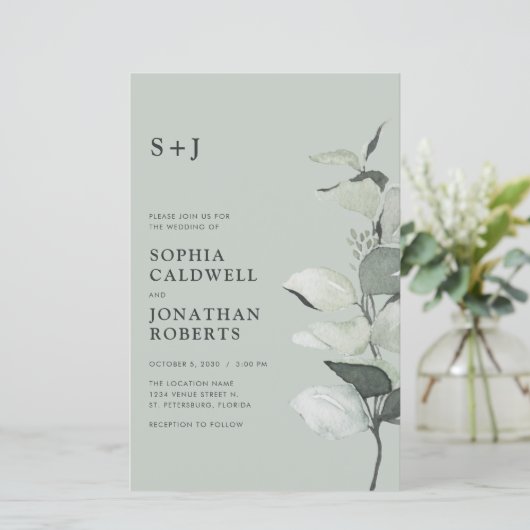 Budget Eucalyptus QR Code Monogram Bruiloft Uitnod (Staand voorkant)