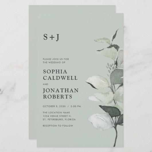 Budget Eucalyptus QR Code Monogram Bruiloft Uitnod (Voorkant / Achterkant)