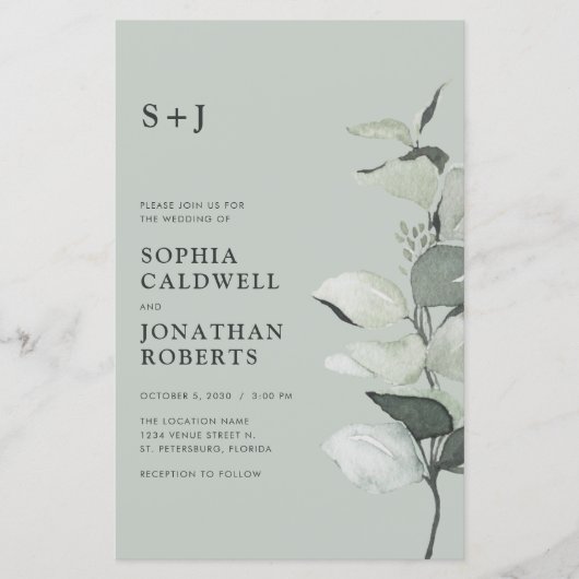 Budget Eucalyptus QR Code Monogram Bruiloft Uitnod (Voorkant)