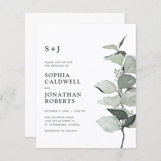 Budget Eucalyptus QR Code Monogram Bruiloft Uitnod (Voorkant / Achterkant)