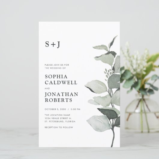 Budget Eucalyptus QR Code Monogram Bruiloft Uitnod (Staand voorkant)