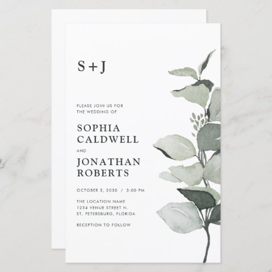 Budget Eucalyptus QR Code Monogram Bruiloft Uitnod (Voorkant / Achterkant)