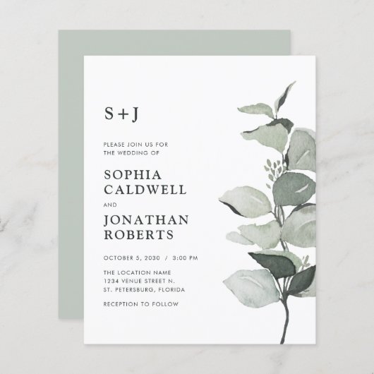 Budget Eucalyptus QR Code Monogram Bruiloft Uitnod (Voorkant / Achterkant)