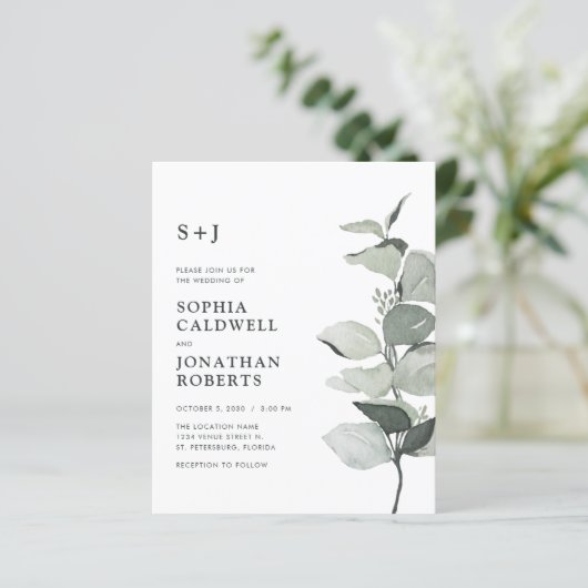 Budget Eucalyptus QR Code Monogram Bruiloft Uitnod (Staand voorkant)