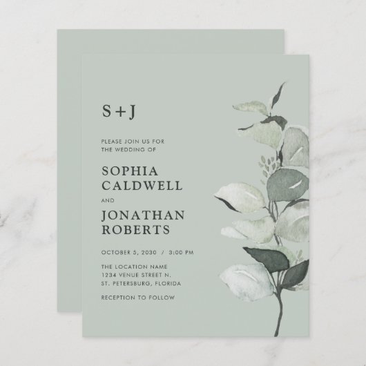 Budget Eucalyptus QR Code Monogram Bruiloft Uitnod (Voorkant / Achterkant)