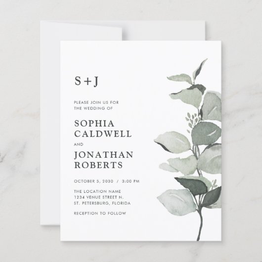 Budget Eucalyptus QR-code Monogram Trouwkaart (Voorkant)