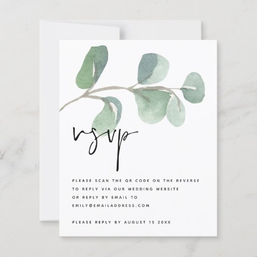 BUDGET Eucalyptus QR-codescript bruiloft RSVP (Voorkant)
