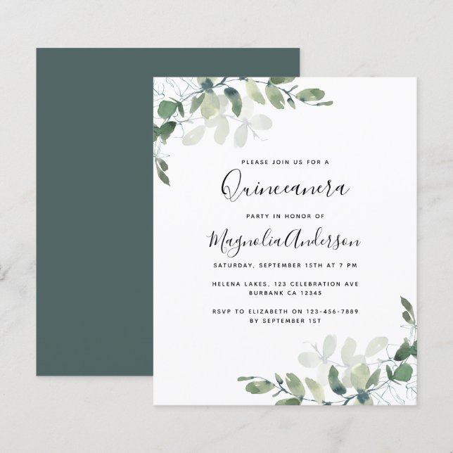 BUDGET Eucalyptus Quinceanera Party Uitnodiging (Voorkant / Achterkant)