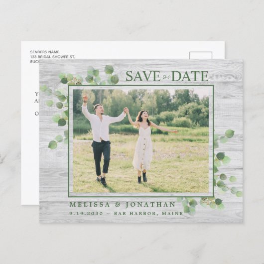 Budget Eucalyptus Rustic Photo Save the Date (Voorkant / Achterkant)