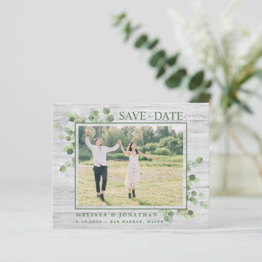 Budget Eucalyptus Rustic Photo Save the Date (Staand voorkant)