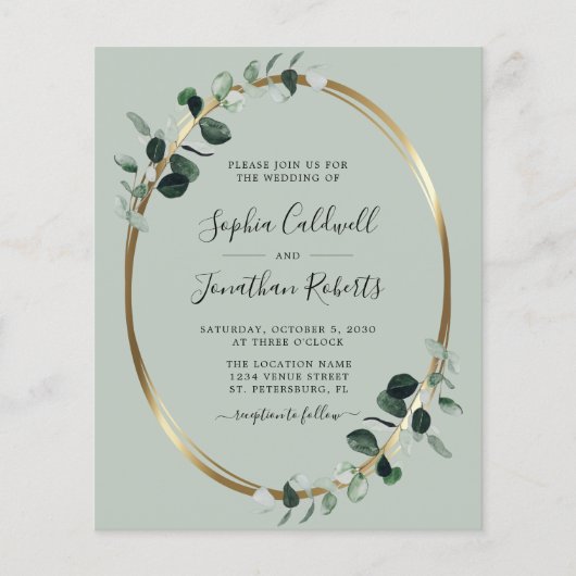 Budget Eucalyptus Sage Gold Foil Weduwen Uitnodigi (Voorkant)