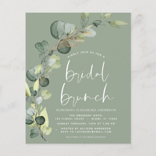 Budget Eucalyptus Sage Groene Bruidsbrunch Flyer (Voorkant)