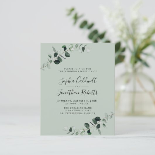 Budget Eucalyptus Sage Wedding Reception nodigt ui (Staand voorkant)