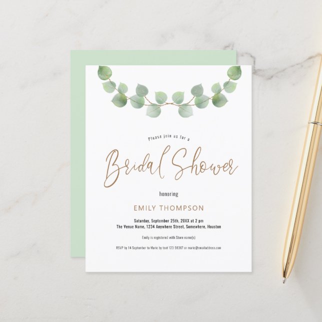 Budget Eucalyptus Script Bridal Shower-uitnodiging (Voorkant / Achterkant in situ)