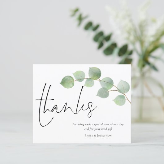 Budget Eucalyptus Script Photo Weddenschap Bedankt (Staand voorkant)