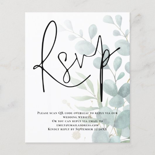 Budget Eucalyptus Script QR Code Weddenschap RSVP (Voorkant)