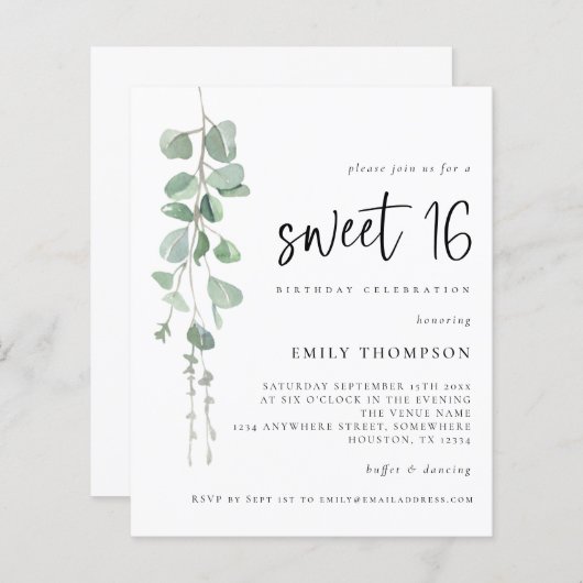 Budget Eucalyptus Script Sweet 16 Uitnodiging (Voorkant / Achterkant)