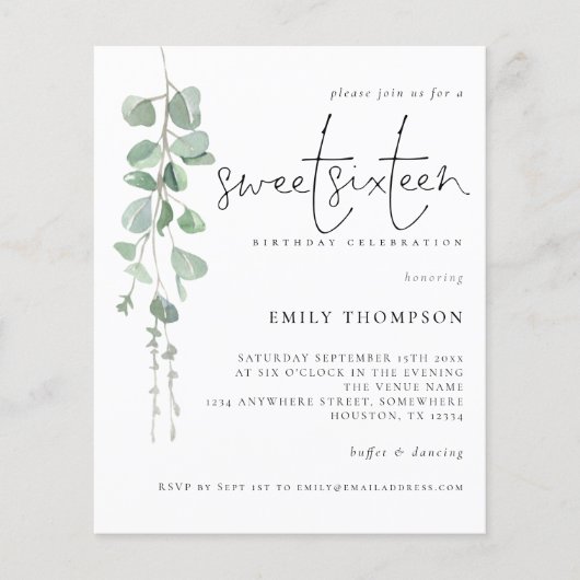 Budget Eucalyptus Script Sweet Sixteen Uitnodiging (Voorkant)