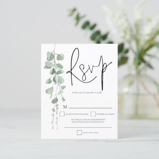 Budget Eucalyptus Script Weddenschap RSVP (Staand voorkant)