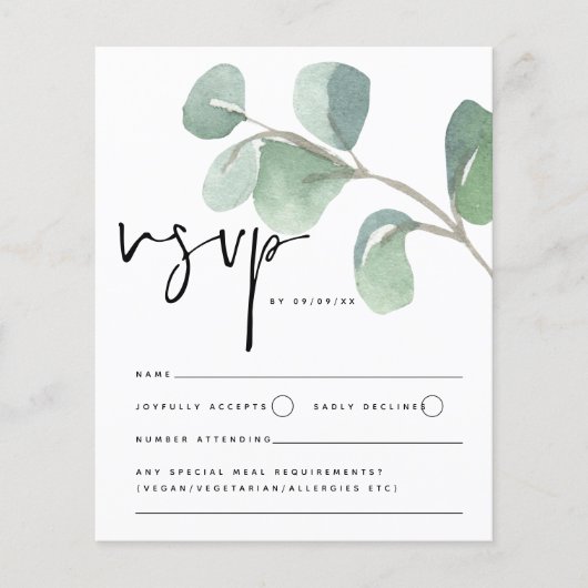 Budget Eucalyptus Script Weddenschap RSVP-behuizin (Voorkant)