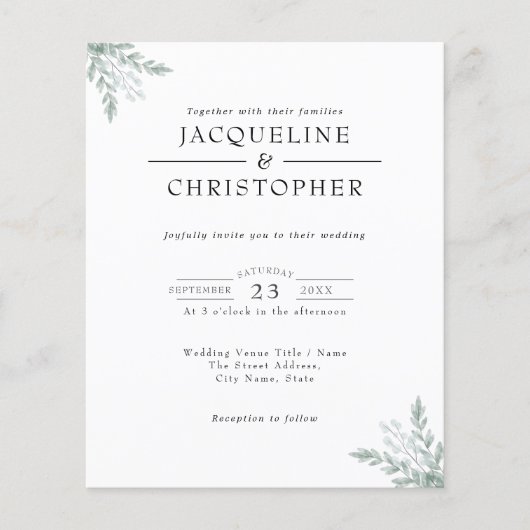 Budget Eucalyptus Simple Modern Weddenschap Flyer (Voorkant)