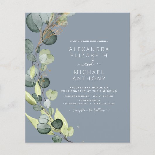 Budget Eucalyptus Stoffig Blauw Bruiloft Uitnodigi (Voorkant)
