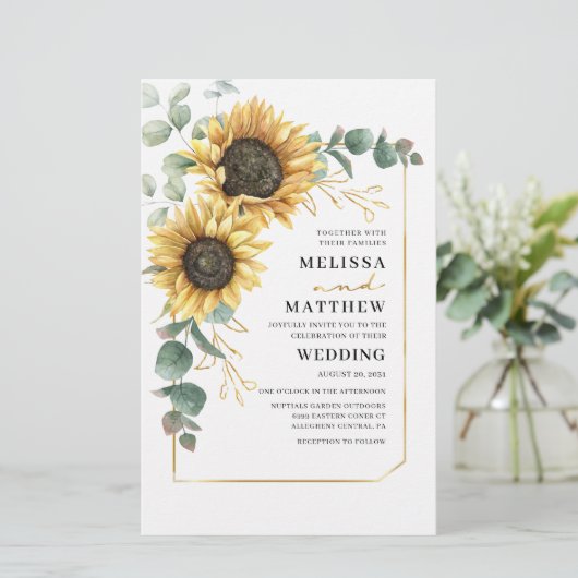Budget Eucalyptus Sunflower Wedding Invitation (Staand voorkant)