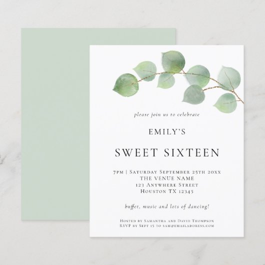 Budget Eucalyptus Sweet Sixteen Birthday Invite (Voorkant / Achterkant)