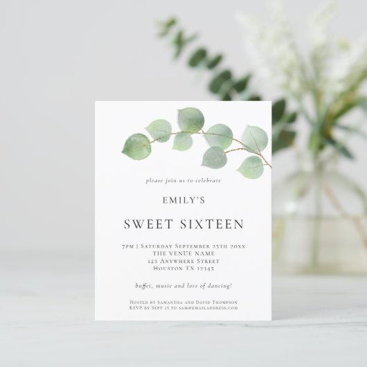 Budget Eucalyptus Sweet Sixteen Birthday Invite (Staand voorkant)